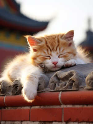 一只可爱的小猫趴在故宫的城墙上晒太阳
