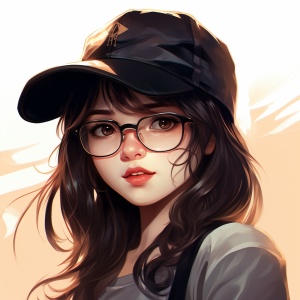 一个戴着眼镜和棒球帽的女孩，在shilin huang的风格，babycore，俏皮而又黑暗，旧的memecore，网络摄像头，微妙的阴影，女学生的生活方式