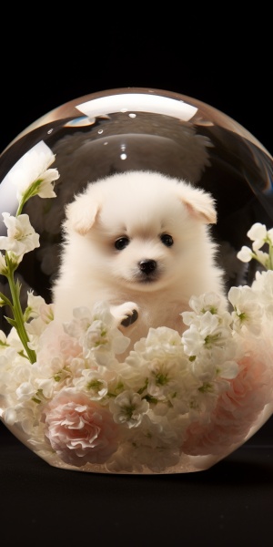 白云透明玻璃球高光鲜花白色小狗