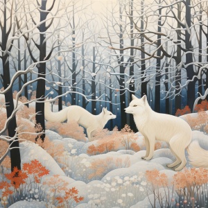 积雪覆盖下雪白丛林中的狐狸