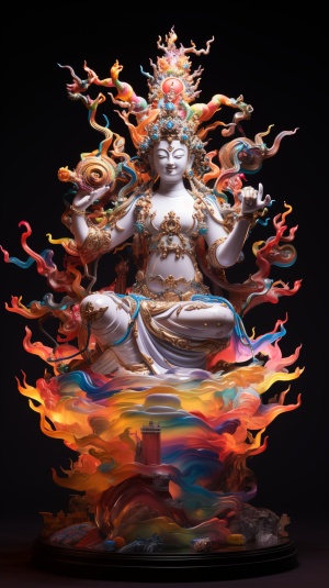 The thousand hand Avalokitesvara Bodhisattva in the Chinese skyline is lit up with colorful lights, in the style of a dynamic matte ceramic sculpture, stipplist optical illusion, sunlight shining on it, online sculpture, Ricoh R1, camera tossing, flowing linear 57:128