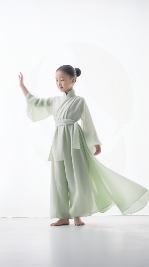 一位在白色演播室表演的中国舞小女孩，风格何家英，浅绿色，有机材料，简单，工笔，浅绿色和浅灰色
