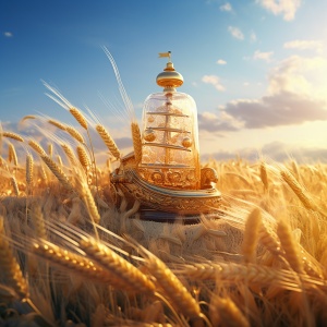 阳光明媚。金黄的麦浪上有一个巨型玻璃瓶，里面装着一艘大船。