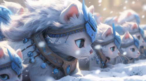 3D，CG，皮克斯风格，小可爱和可爱的雪猫穿着幻想的蓝灰色飘带，头上有蓝色的装饰物，丹凤眼，像豹子一样奔跑，雪地里，古罗马神庙内，非拟人化，戏剧性的灯光，8k，肖像，在Otomo Katsuhiro的风格，在一个现实的超细节渲染风格，发光，，zbrush，超现实的油，，夸张的视角，Tyndall效果，，背景，现实