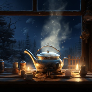 围炉煮茶，房内火炉煮茶，热气腾腾，暖光，中式风格，外面大雪纷飞，兰色天空，一轮明月，星光灿烂，神秘高冷，禅茶一味。
