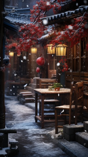 大雪中的江南古镇，充满红色三角梅的小巷景色