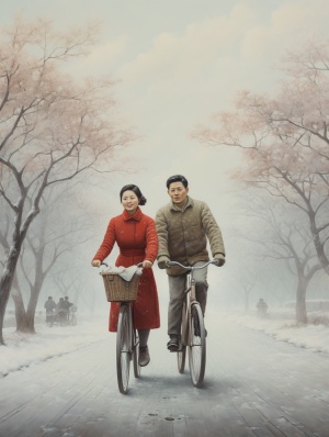 中国夫妻公路扫雪天空飘雪雪花骑车行人