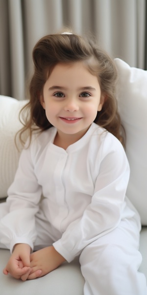 白色睡衣的可爱小女孩微笑坐在沙发上