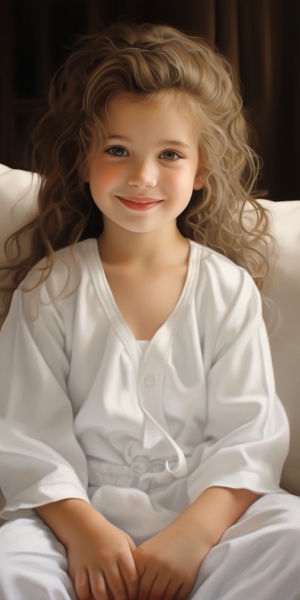 白色睡衣的可爱小女孩微笑坐在沙发上