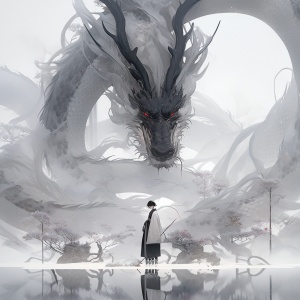 long shot,In front of the Chinese ink dragon stands a Chinese handsome boy,16 years old,light gray and black,wearing a gorgeous Hanfu,light gray and black,Chinese ink dragon,dream scene, grand scene,minimalism,Chinese dragon,C4Drendering,Surrealism,meticulous design,asymmetrical balance,master works, movie lighting, Ultra HD, fine details, color grading,32KHD