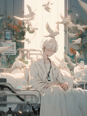 Animation Boy in Hospital with Red Eyes and White Birds