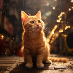橘黄色的泪魂猫，超细节，星光，猫眉宇之间有一滴白色眼泪，蹲立在圣光之下，旁边有昏黄路灯，红色围墙，夜空中最亮的星，博云远山