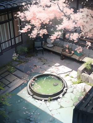 一座小庭院，院子里有一个小池塘，黑绿色池水，池塘边上有一棵梅花树，蓝黑色梅花，中国插画风，水墨风，超高清
