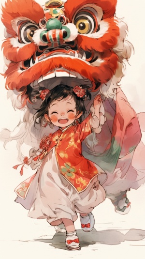 Dressed in traditional Chinese hanbok, huge Chinese dancing lion standing beside her, girl three years old, chubby little face, dry brush drawing, watercolor and ink painting, full body super vision,