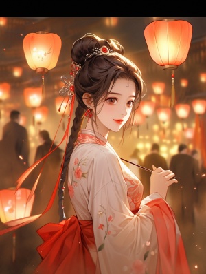 上元节，中国古代街道，两旁有很多花灯，天上有很多孔明灯，有一个红衣汉服的中国美人在游玩，女孩正面视角，她妆容发饰都很精致，热闹氛围，画面干净简洁，最佳画质，高质量
