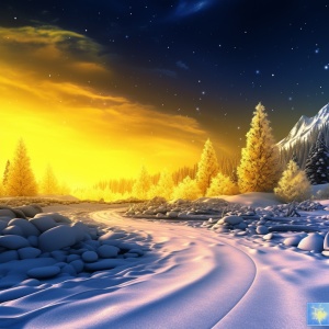 黄色极光在黄色雪，雪山，用明亮的黄色雪覆盖的道路，脚印和车辙在雪回家，河，暴风雪，明亮的夜晚，村庄，星星闪耀，极光在天空中闪耀，虚幻的引擎，明亮的黄色滤镜，你无法想象它有多美。4K HD.HD-v3