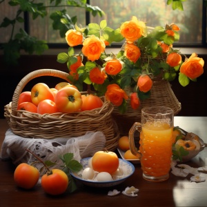 早晨，桌子上有一篮柿子，四周铺满玫瑰花，写真，8k 画质，超高清画质，画面唯美浪漫，通透。