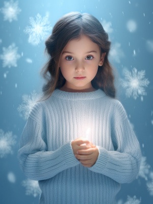 完整咒语：超可爱的小女孩穿着浅蓝色雪花毛衣，皮克斯风格，站立，迷人的眼睛，超现实主义，超细节，奢华，优雅，华丽，8K，超现实主义，戏剧性灯光，灯光效果，幻觉引擎，辛烷渲染——ar 3：4——尼吉5
