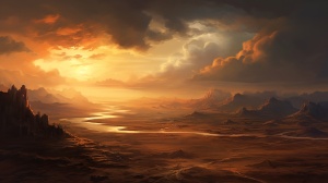 大漠孤烟直，长河落日圆，根据这二句诗的意境，画一幅中国风风景画。