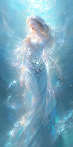 an ancient persian goddess of water , knowledge and peace , holy light shines , mirror , crystal , glory , luxury , first love , feel like in heaven , precious sunbeams reflect on the surface of the water , penetrating into the water ' s deeper layers and creating iridescent reflections , dreamy , dreamlike , muse , heavenly soft light , smooth , hyper-detailed , beautifully color-coded , photorealistic , intense shading , clean sharp focus , depth of field , dynamic angle , dynamic composition , bokeh