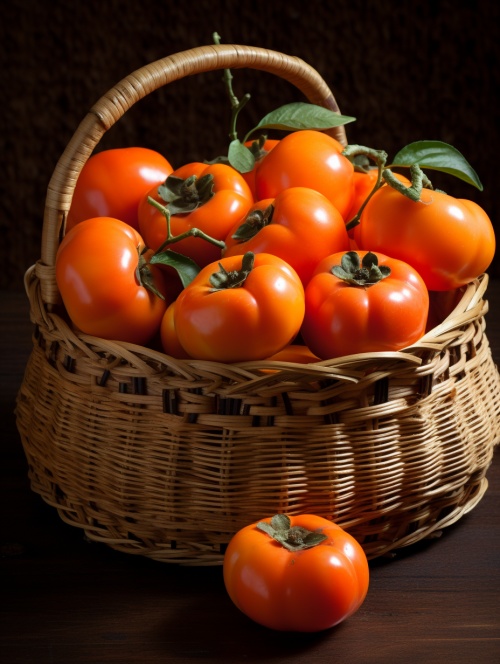 一个精致的漂亮的古铜篮子，装满了成熟的、红色的、多汁的、圆形的、橙黄色、光滑的、湿润的、诱人的、果冻状的、充盈的、诱发口水的柿子。