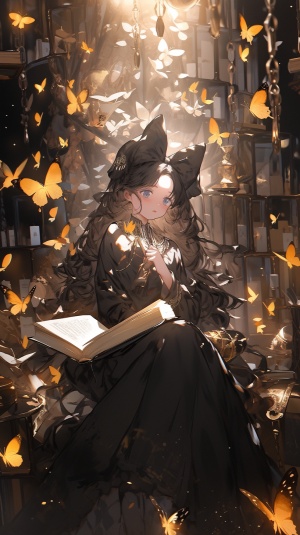 可爱少女穿着彩色蝴蝶裙子，抱着黑金色大书