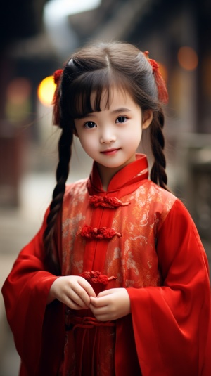 古建筑背景中的优雅红色汉服小女孩