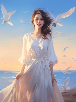 中国帅男靓女穿白色长裙，观海边日落的唯美克莱因蓝意境