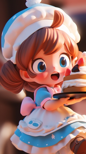 Cute girl with bangs short hair, blue dress, white apron, holds blender, pink headband, big eyes, frontal view of the character, Waving action, brown color palette, double layer cake, biscuits, warm color background, Pixar, 3d rendering