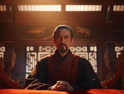一个中年男人，面容俊朗，圆脸，身穿中式长装，站在红色书桌，后面，抬头