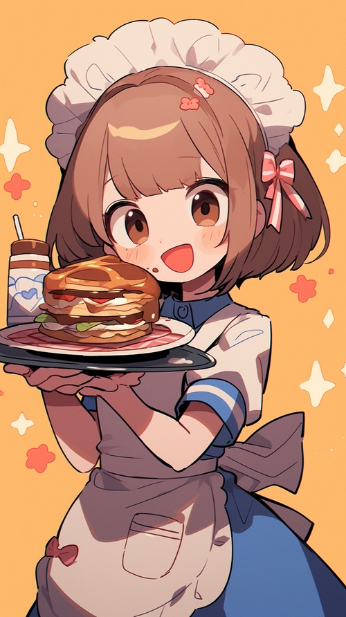 Cute girl with bangs short hair, blue dress, white apron, holds blender, pink headband, big eyes, frontal view of the character, Waving action, brown color palette, double layer cake, biscuits, warm color background