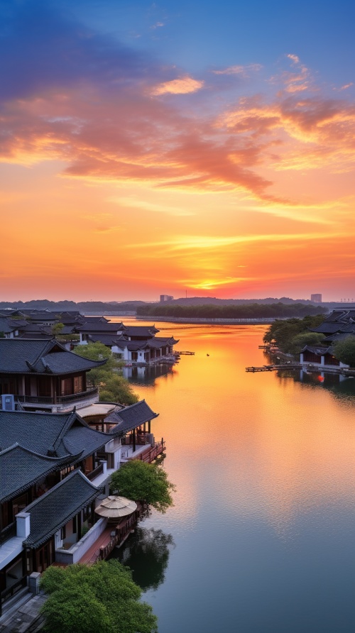 Jiangnan water town, sunset sunset scenery, real photography, super high definition, as long as a smallpavilion, not more, 8k, the distance is the mountain,the near is the river, super wide angle, close view, v1, full, the highest image quality v 5.2