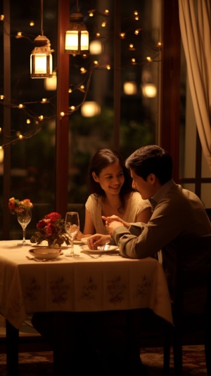 室内环境，温馨的餐厅里点着柔和的烛光。一对情侣坐在餐桌两端，深情地注视着对方，享受着美味的晚餐和宁静的时光。他们的脸上洋溢着幸福和满足，时而举杯相庆，时而甜蜜喂食。餐厅的背景音乐轻柔而浪漫，为这对情侣的晚餐增添了更多的情调。