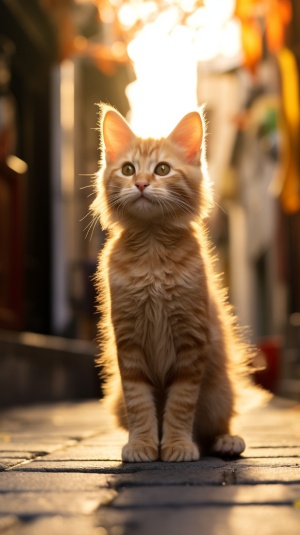 A cute cat, orange, with short legs, Beautiful streets, Full Length Shot(FLS), cinematic shot, Disney style, Fantastic Light, Side view ar 9:16