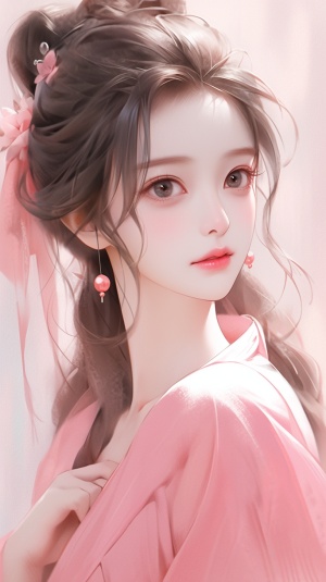 时尚年轻女孩穿粉色中国衣服认真学习工作可爱人物画