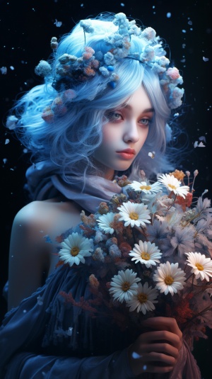 绝美蓝发少女雪花背景华丽鲜花大师作品