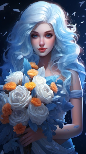 绝美蓝发少女雪花背景华丽鲜花大师作品