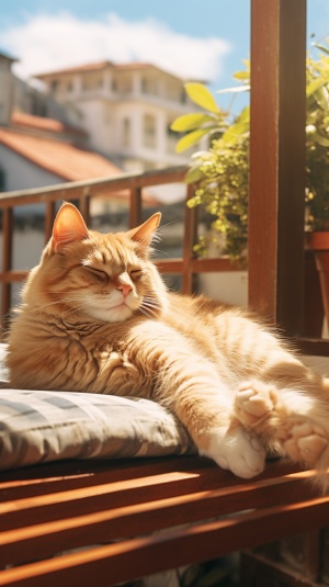 慵懒地坐在阳台上晒太阳，猫咪专属度假模式。