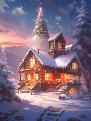 浪漫的圣诞树小屋和雪山