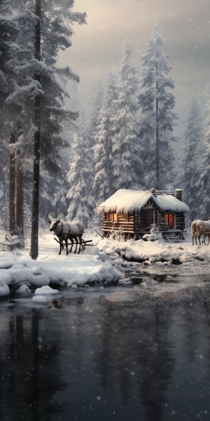 冬季森林雾凇美景与宁静小屋