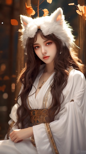 魅惑少女穿白汉服携狡黠狐狸耳，美丽耀眼