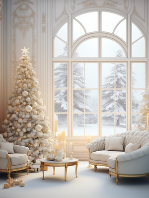 In the style of luxurious geometry,a white christmas room with christmas tree andgifts, golden light, arched doorways, realistic landscapes with soft, tonal colors, vignettes of paris,minimalist detail, soft shading, uhd image v 5.2 ar 3:4