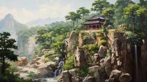 中国乡村田园小古庙与清泉流，写真油画
