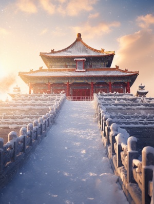 冬天里，雪花飞舞，北京故宫屋顶都覆盖着一层薄薄的雪，非常壮观，一缕缕阳光照射下，格外好看