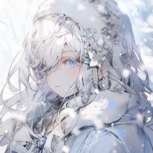 白色长发，蓝色眼睛，高冷，温柔，雪