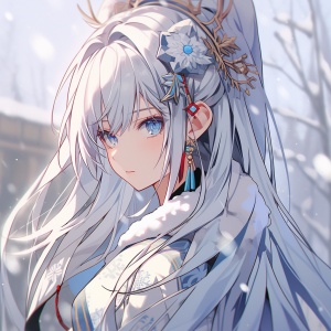 白色长发蓝色眼睛的温柔公主殿下在雪中