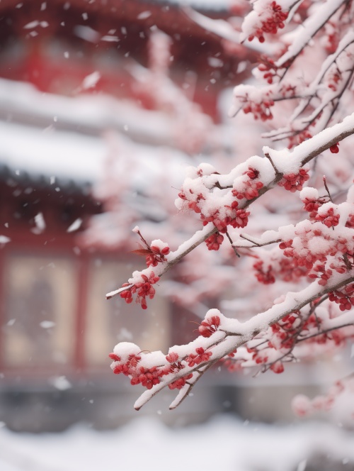 Unreal Engine, aesthetic atmosphere, snow, snow, virtual art, extreme close-up, creative composition, minimalist style, Snowy day, red wall of the Chinese Palace, plum tree on a red wall, covered in snow, blurred foreground, soft contrast, realism, color layers, depth of field, high quality, hyperfine detail, ar 3:4 s 750