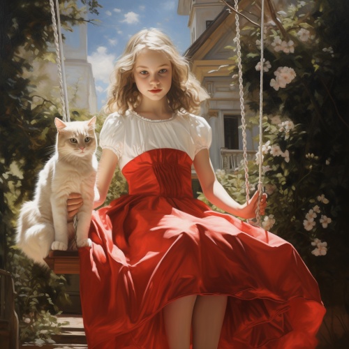 一个少女，穿华丽红白的裙子抱着一只白色的猫，在一座别墅的院子里荡秋千
