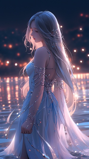 亚洲少女在水中的幻彩光芒夜景