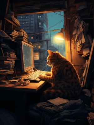 一只可爱的猫，坐在电脑面前加班，周末还在上班，猫猫一脸无奈